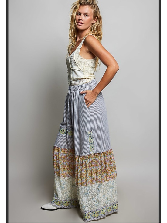 POL Pants - Bohemian Patchwork Wide-Leg Striped and Floral Pants